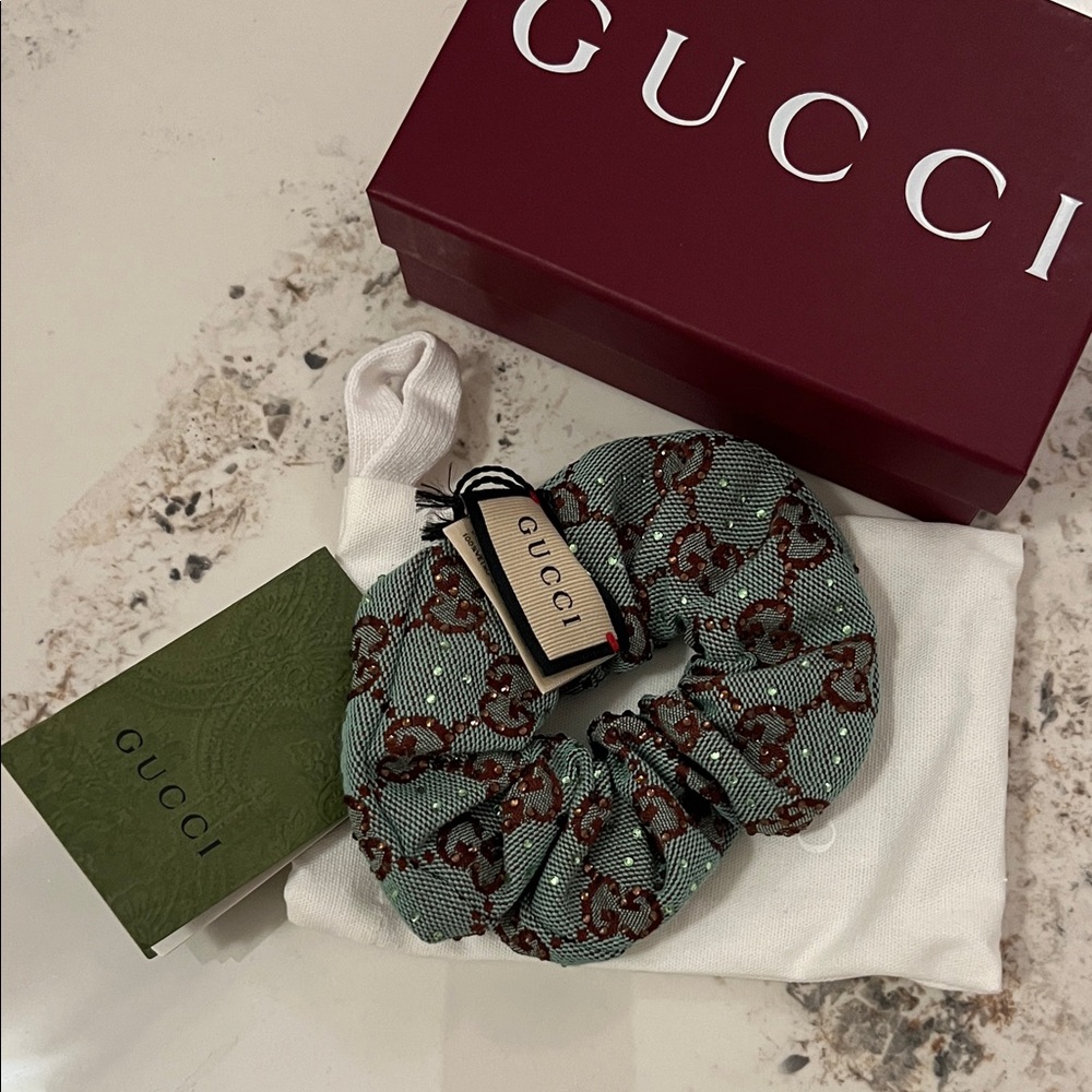 Gucci Elegant Green and Brown Hair Scrunchie with Shiny Rhinestones